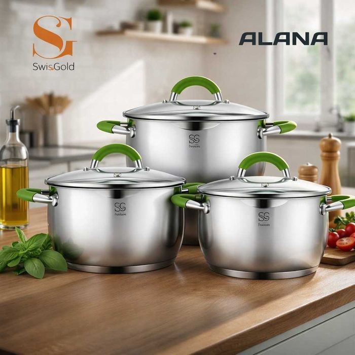 Комплект тенджери Swissgold Alana 3 броя неръждаема стомана 5 слойно дъно индукция зелени дръжки стъклени капаци