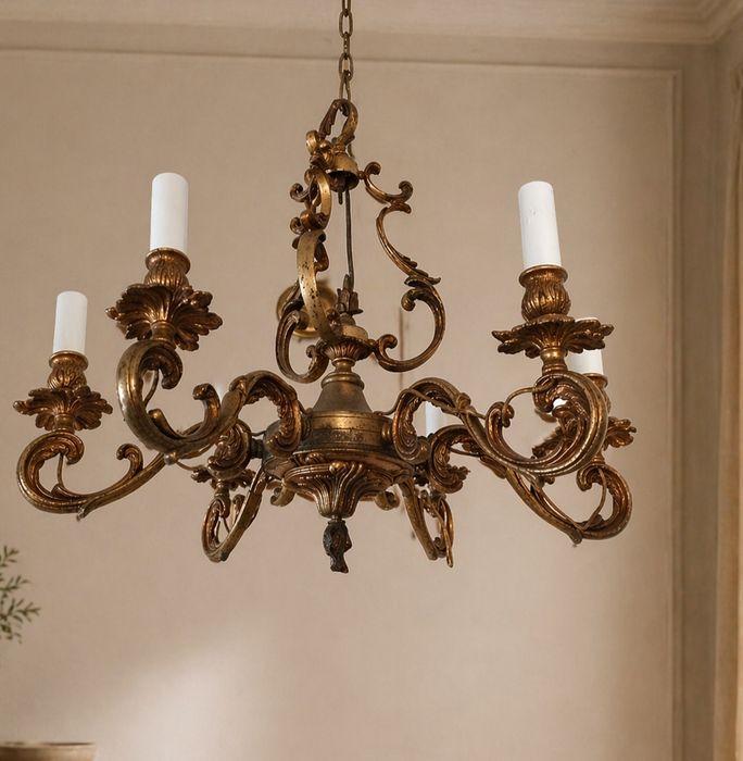 Candelabru francez în stilul Louis din bronz masiv de dimensiuni mari cu 6 brațe ,piesa cu o lucrătură deosebita foarte masiv dimensiuni 60 cm in diam