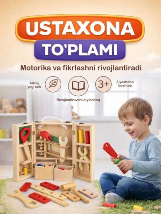 Bolalar uchun yog'och ustaxona to'plami, rivojlantiruvchi o'yinchoq