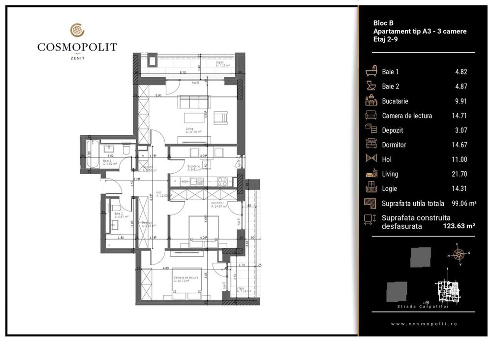 Apartament cu 3 camere, etaj 7, Bloc B