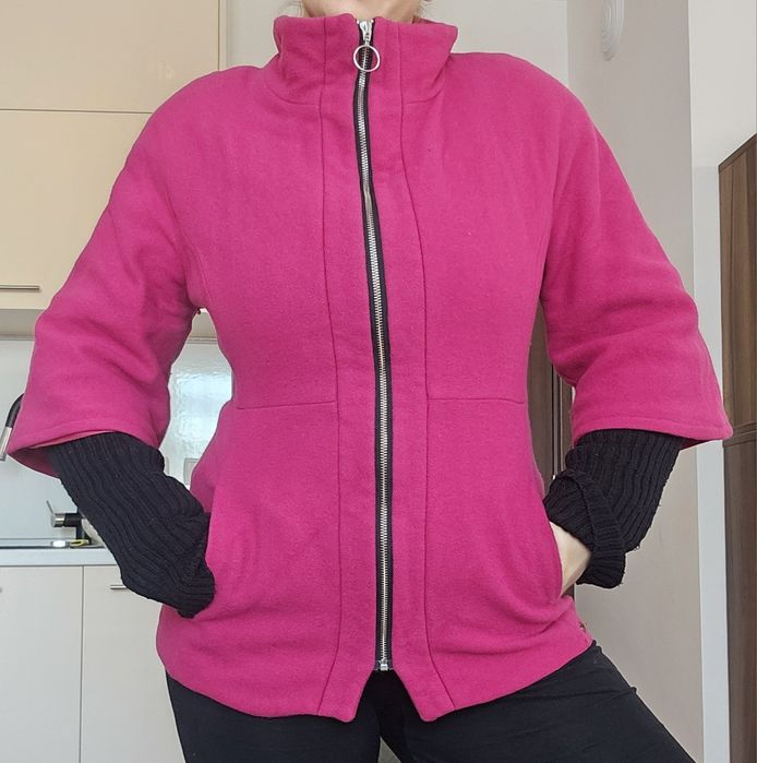 Малиново розово яке палто сако зимно сиво двоен Ръкав с подплата