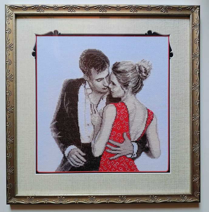 гоблен ,,Флирт", ръчно ушит , рамкиран