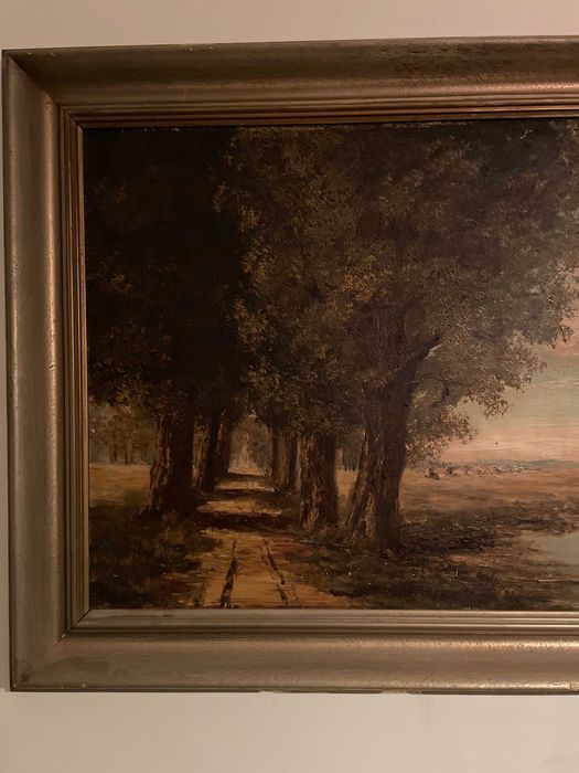 Tablou Vechi Ulei pe Panza - Peisaj Rural Semnat, Anul 1953