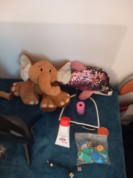 Un pluji un elefant brelocuri de chiei o lumânare un sac de câini