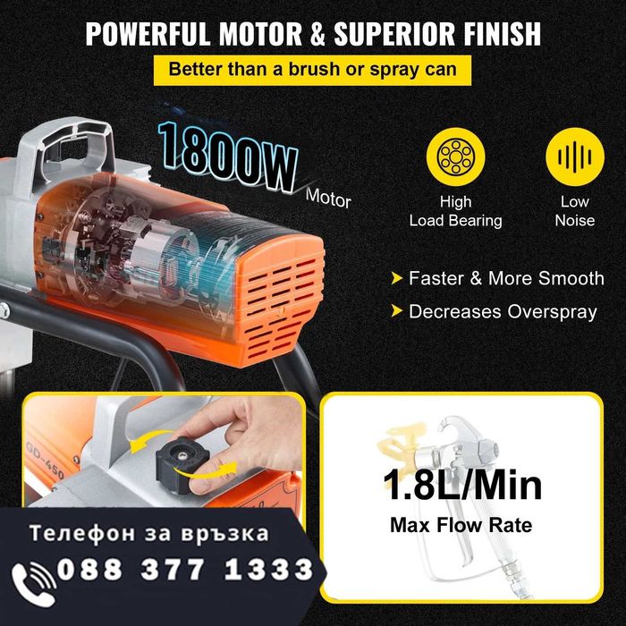 НЕМСКИ Пистолет за пръскане с безвъздушна боя + ЛЕД ФЕНЕР