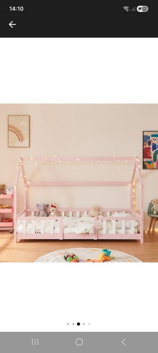 Pat cu saltea 90x200, căsuță, din lemn de brad, Montessori, roz