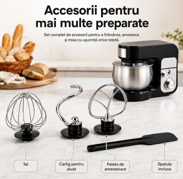 Mixer Planetar Multifunctional 3 in 1 Engros, 700W, Bol Inox 3L, 6 Viteze, 3 Accesorii + Spatula, Negru