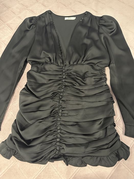 Официална дамска черна рокля с дълъг ръкав и набори, S размер