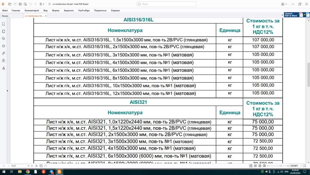 Лист н/ж г/к, м.ст. AISI316/316L\321\304 в ассортиментэ