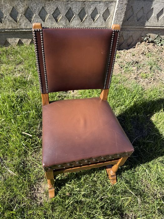 Scaun vintage birou din lemn masiv si piele naturala