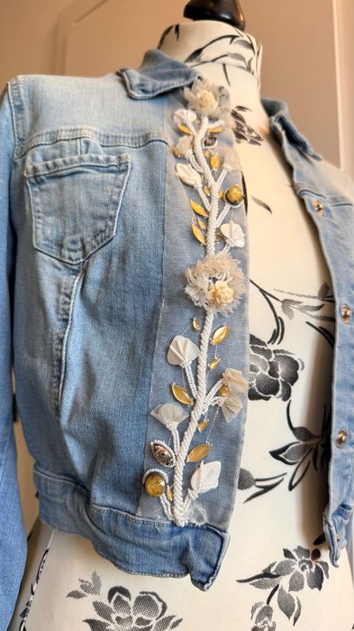 Geaca de blugi denim / S / dantela ștrasuri mărgele / impecabila