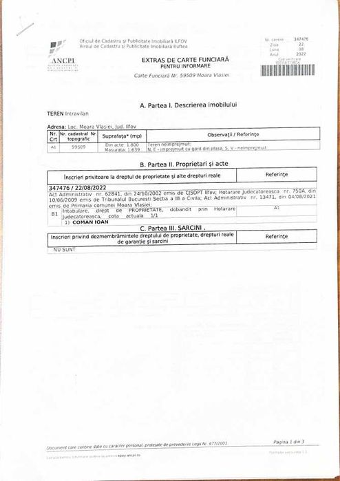 Vand Teren intravilan 1639mp