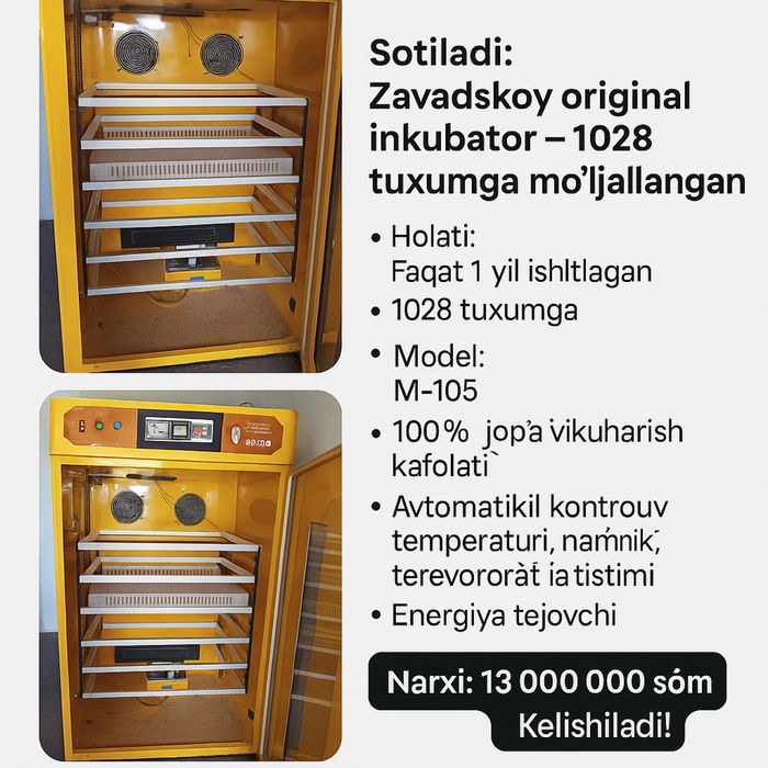 Zavadskoy original inkubator,1028 tuxum sig’imli