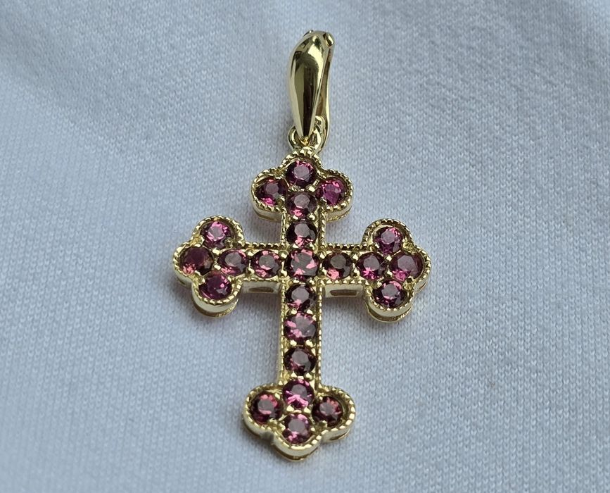 Cruce din aur galben 14k cu safire roz naturale