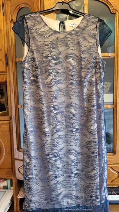 Vand rochie Yokko din dantela cu motive florale, dublata cu saten elastic nude, cu maneci scurte.