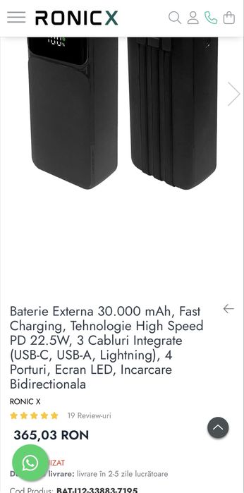 Powerbank / baterie externa 30.000mAh 111Wh cabluri integrate