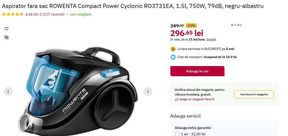 aspirator fara sac Rowenta, bine intretinuta.