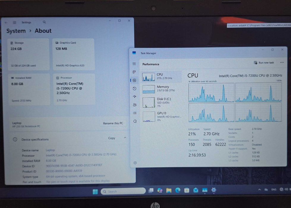 15.6' FullHD HP 250 G6 Core i5-7200U/8GB DDR4/256GB SSD/Нова батерия