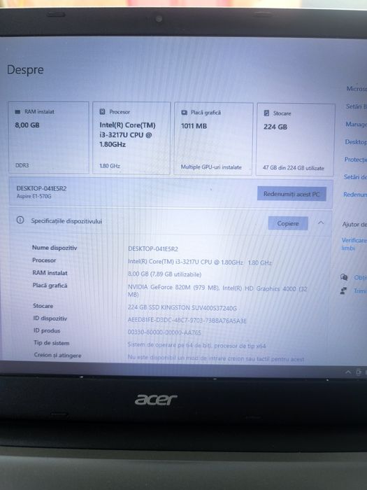 Laptop Acer Aspire E1, 8gb RAM, 256 ssd Kingston, placa video dedicata nvidia
