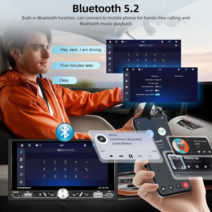 Двудиново автомобилно радио с безжичен Carplay/Android Auto, 6.8-инча