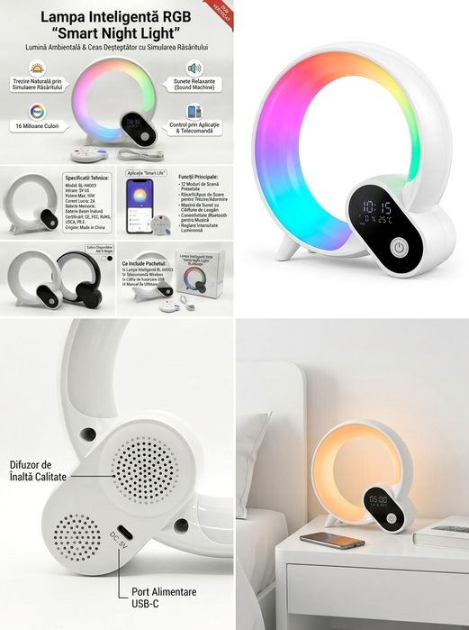 Lampă Inteligentă RGB 4-în-1 | Ceas, Alarmă Răsărit, Sunete Relaxante | Control Telefon (Nouă)