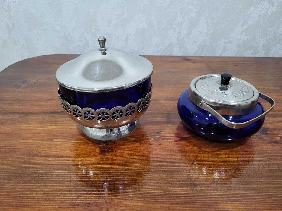 Советское кобольтовое стекло сахарница и конфетница, винтаж СССР