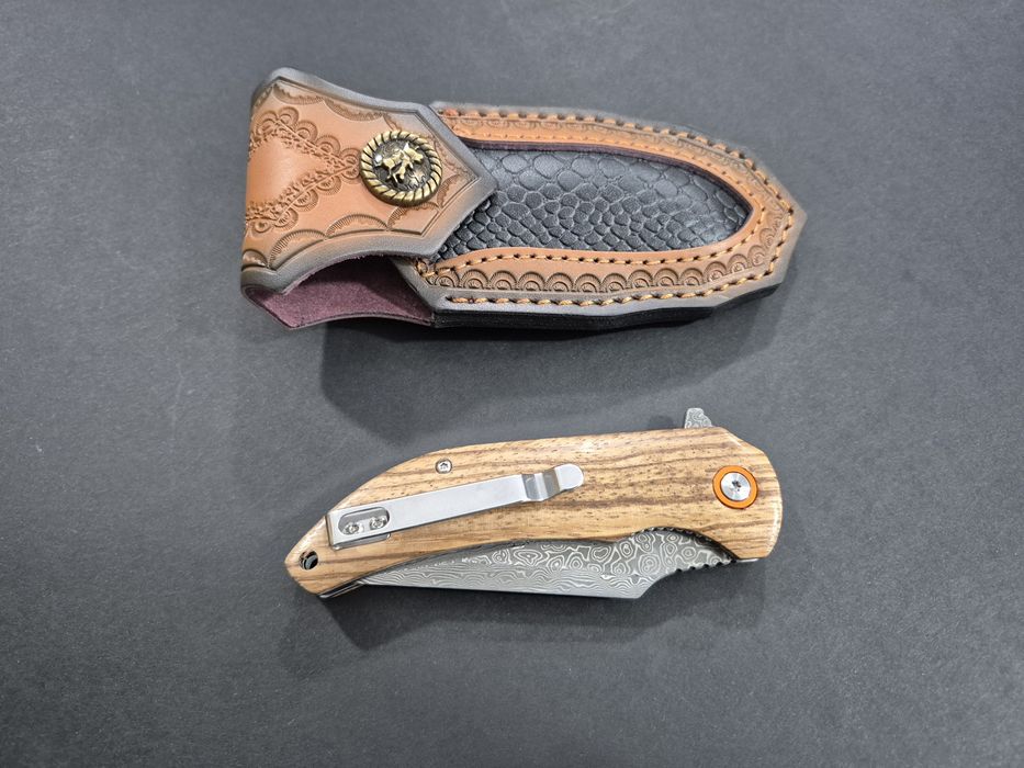 Сгъваем нож дамаска стомана с кожена кания,SD16