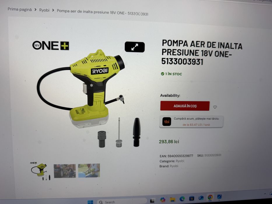 Mini compresor pe acumulator Ryobi , 18 V, 150 PSI/10.34 bar