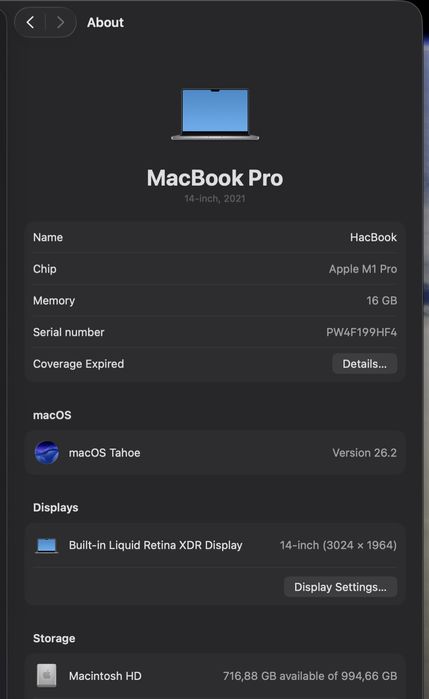MacBook Pro 14" M1 Pro |  16 GB RAM | 1 TB SSD