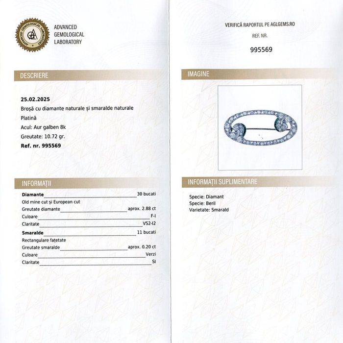 brosa Art Deco cca 1930, platina, smaralde, diamante 2.88 ct, certif.
