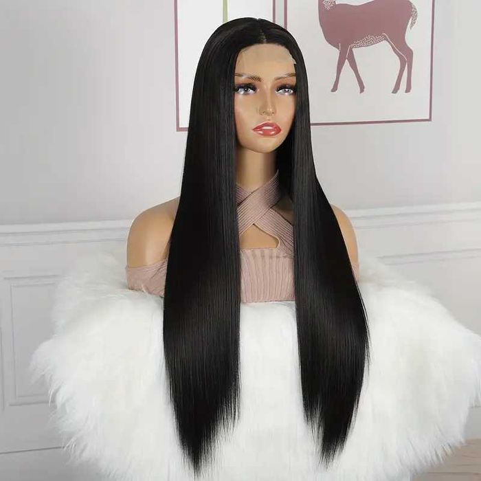 Черна синтетична 80 см права плътна перука с дантела 1X4 T-Part на път
