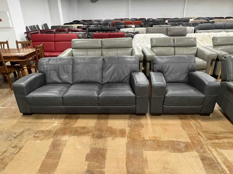 ПРОМОЦИЯ!!! Сив кожен диван тройка и фотьойл - естествена кожа