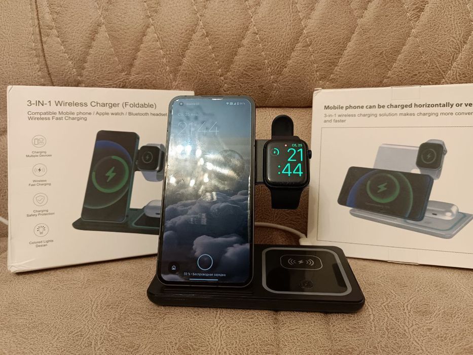 Беспроводная зарядка 3 в 1, высокое качество! Зарядит 3 вещи одновреме