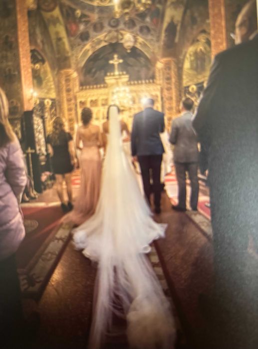 Vand rochie alba de mireasa si voal - Pronovias, masura XS