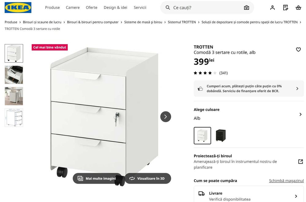 Comodă TROTTEN IKEA, 3 sertare, pe rotile, albă - Stare Excelentă