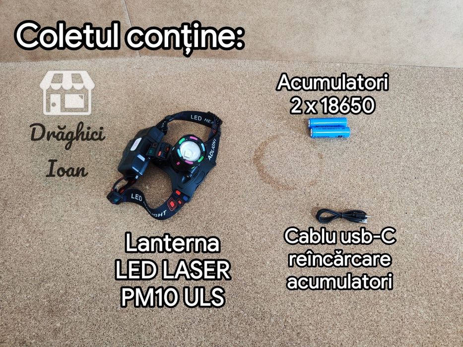 Lanterna LASER PM10 frontala de purtat cap metalica cu lupa și zoom