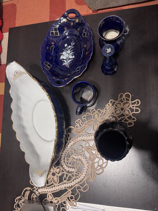 Vand set 7 bucati portelan-cobalt cu accente aurii