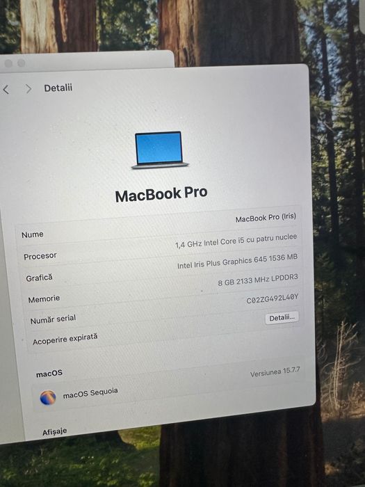 MacBook Pro 2019, 13-inch, Two Thunderbolt 3 ports, 1,4 GHz Intel Core I5 patru nuclee, 8 GB RAM 2133 MHz LPDDR3, Intel Iris Plus Graphics 645 1536 MB