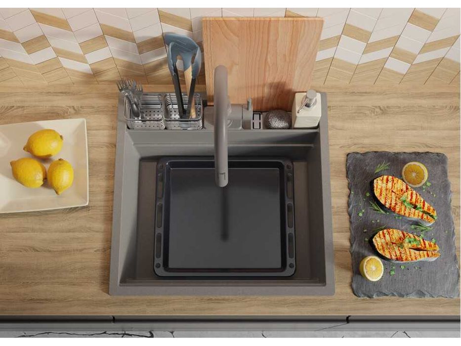 сива кухненска мивка за вграждане Берген 60 Double Pocket 560x540 мм