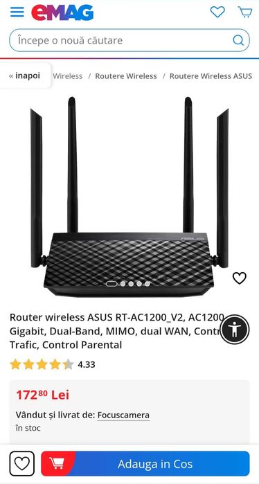 Router wireless ASUS RT-AC1200_V2, AC1200, Gigabit, Dual-Band