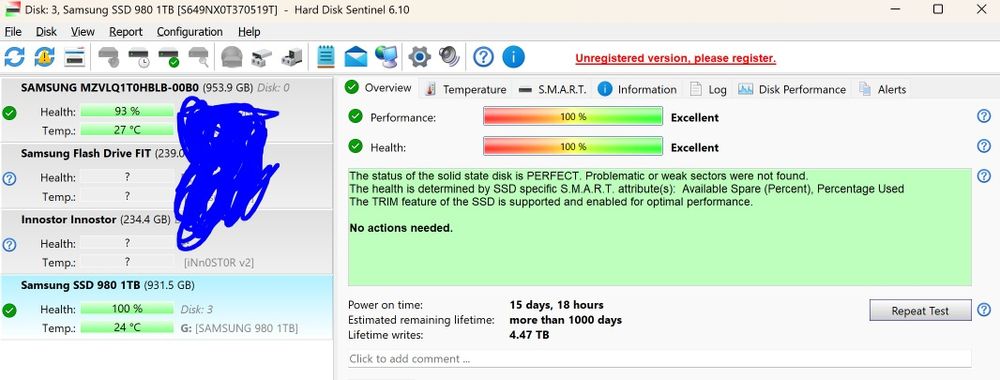 SSD Samsung 980 1TB NVME M.2 100 % Life