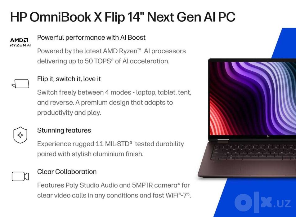 HP Omnibook X Flip  14" 2K OLED AMD RYZEN AI 5 430 16GB LPDDR5x 512GB
