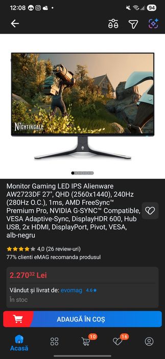 Monitor alienware aw2723df 27 inch, 1440p, 240hz(oc 280hz), ips