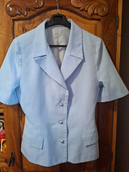 Sacou elegant bleu pastel, cambrat, căptușit, cu mâneci scurte, lână și vâscoză, mărimea M