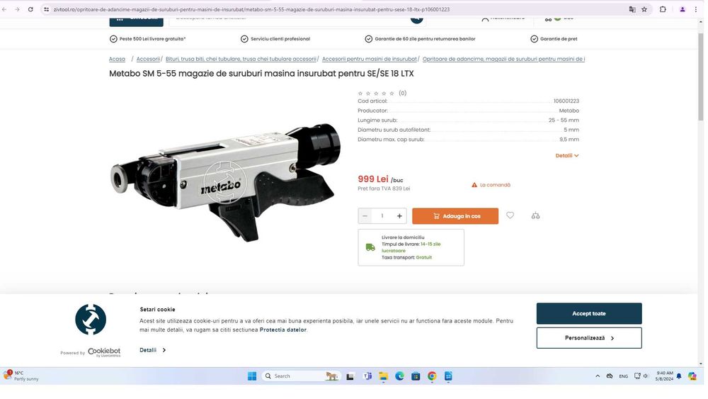 Masina de insurubat Metabo SE6000 + Metabo SM5-55 magazie de suruburi