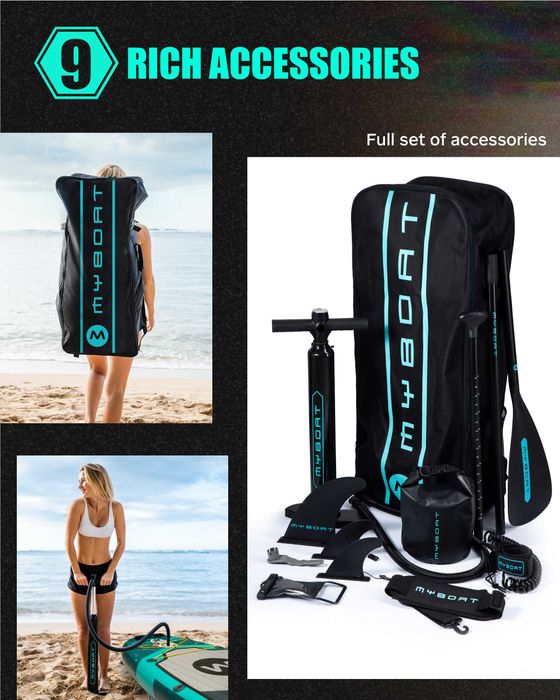 Нов, висок клас, широк 350 СМ надуваем падъл борд all-round SUP MYBOAT MY16 (Bass Hunter Green PRO) в тюркоазено-зелен дизайн.