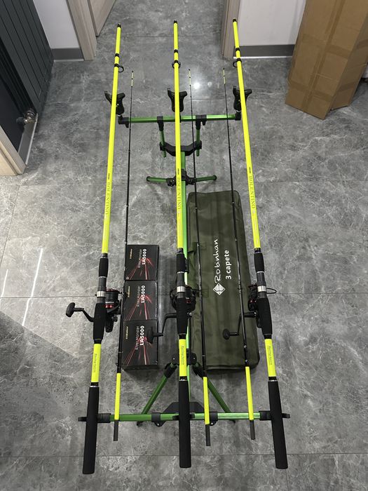 SET complet pescuit 3 lansete /feeder BOLENTINO PLUS+ 3 mulinete  Robinhab River Monster LA 5000 + Rod Pod