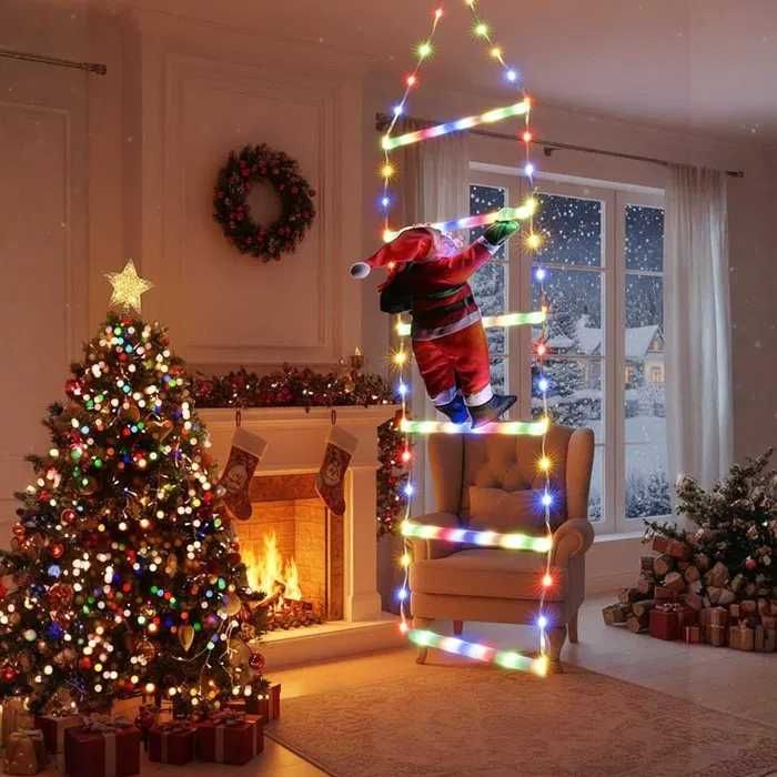 Катерещ се дядо коледа по LED стълбичка 1.5м многоцветна светлина