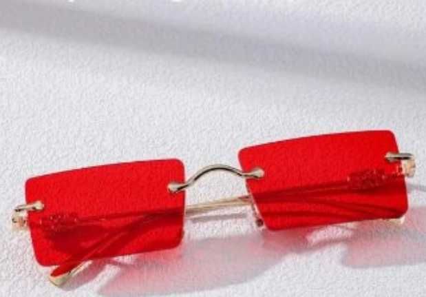 Мъжки модерни очила без рамки – червени стъкла, златисти дръжки