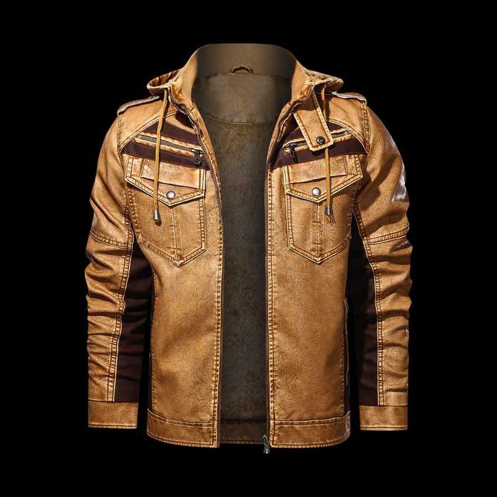 Кожено яке с качулка, жълто-кафяво, НОВО (L), Размери в описанието